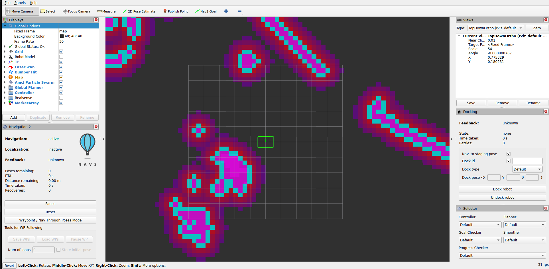 RViz2 window showing costmap layers